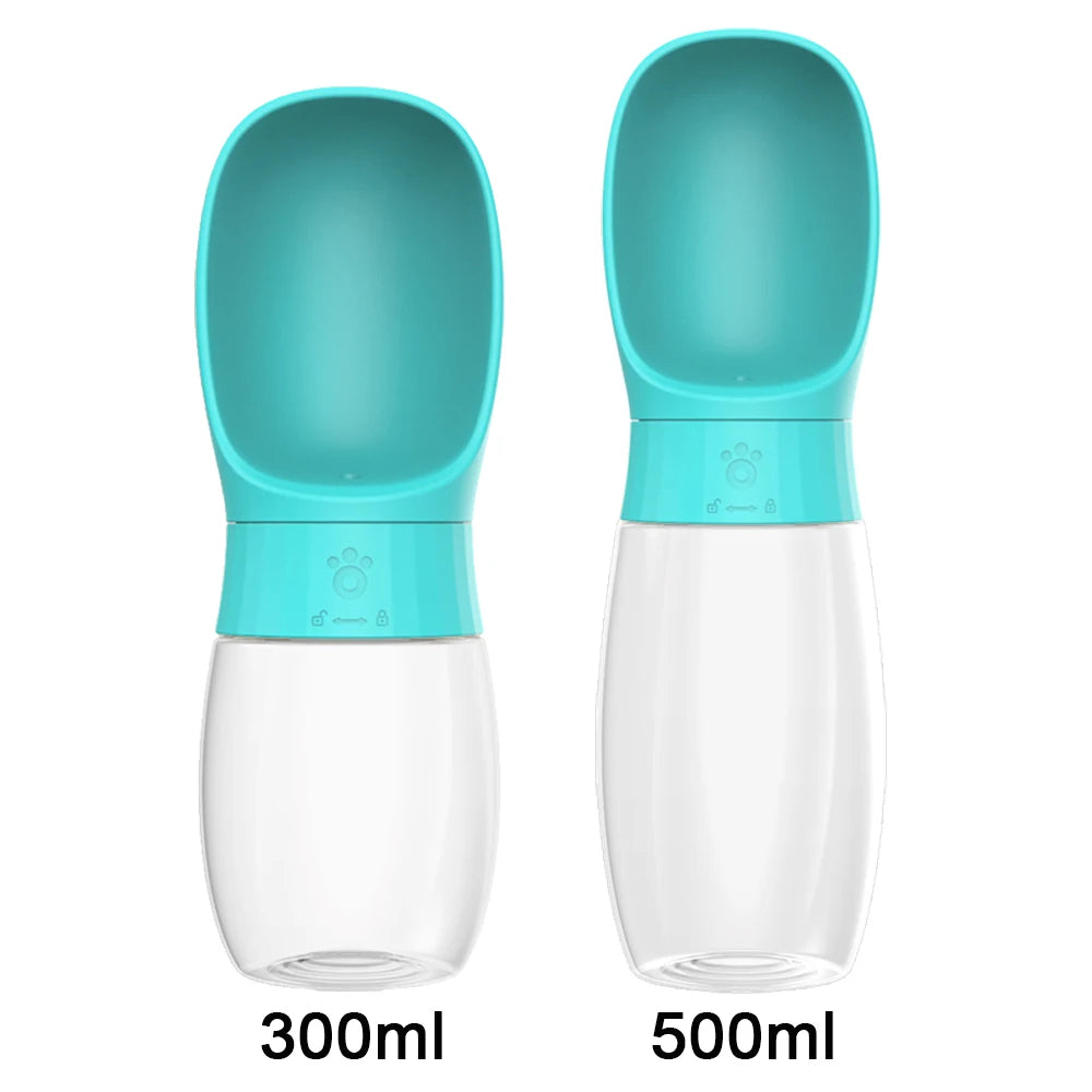 Portable water bottle keeps pets hydrated during travel adventures.