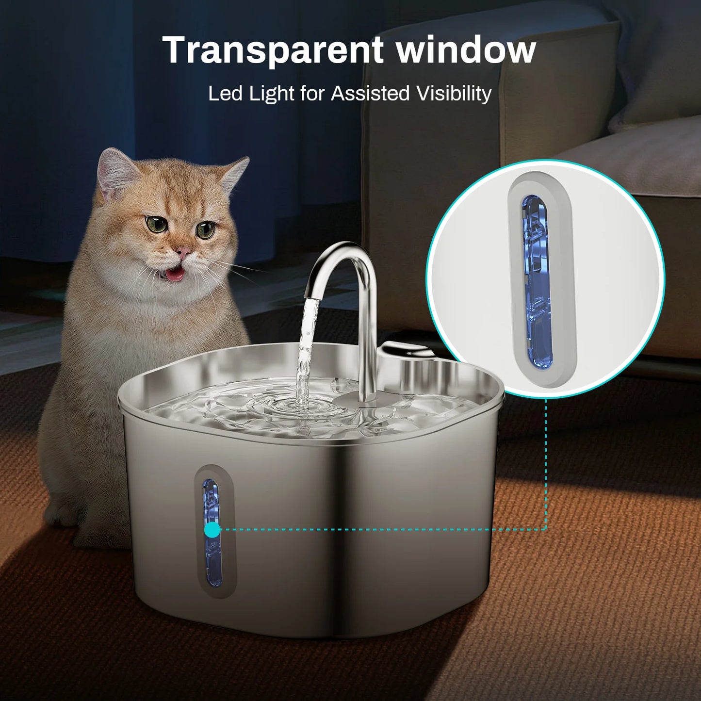 Automatic stainless steel fountain keeps pets hydrated with fresh flowing water.