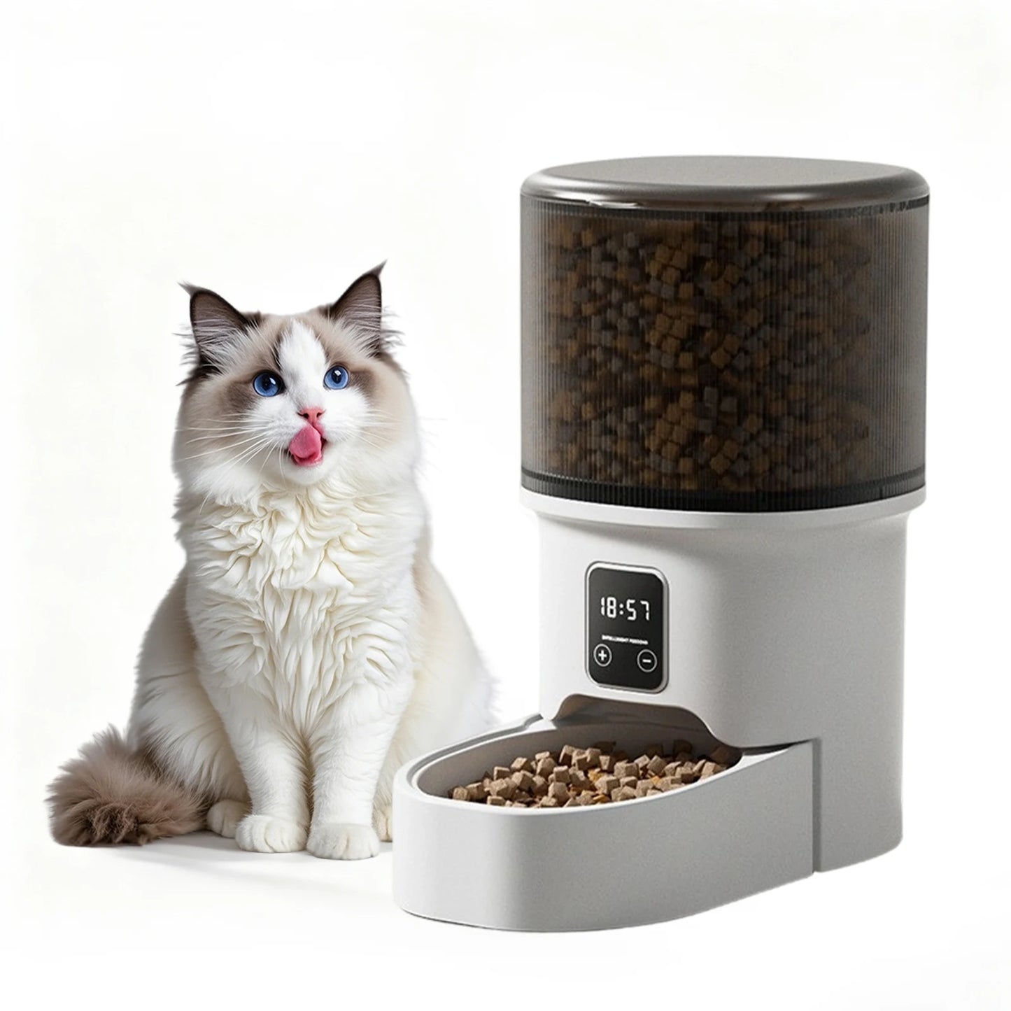 Programmable automatic feeder schedules meals with precise portions for pets.