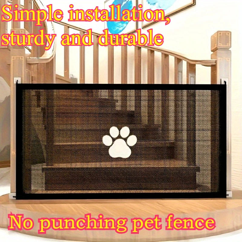 Adjustable retractable pet fence safely separates and protects pets indoors.