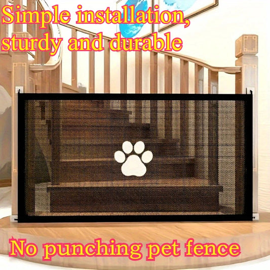 Adjustable retractable pet fence safely separates and protects pets indoors.