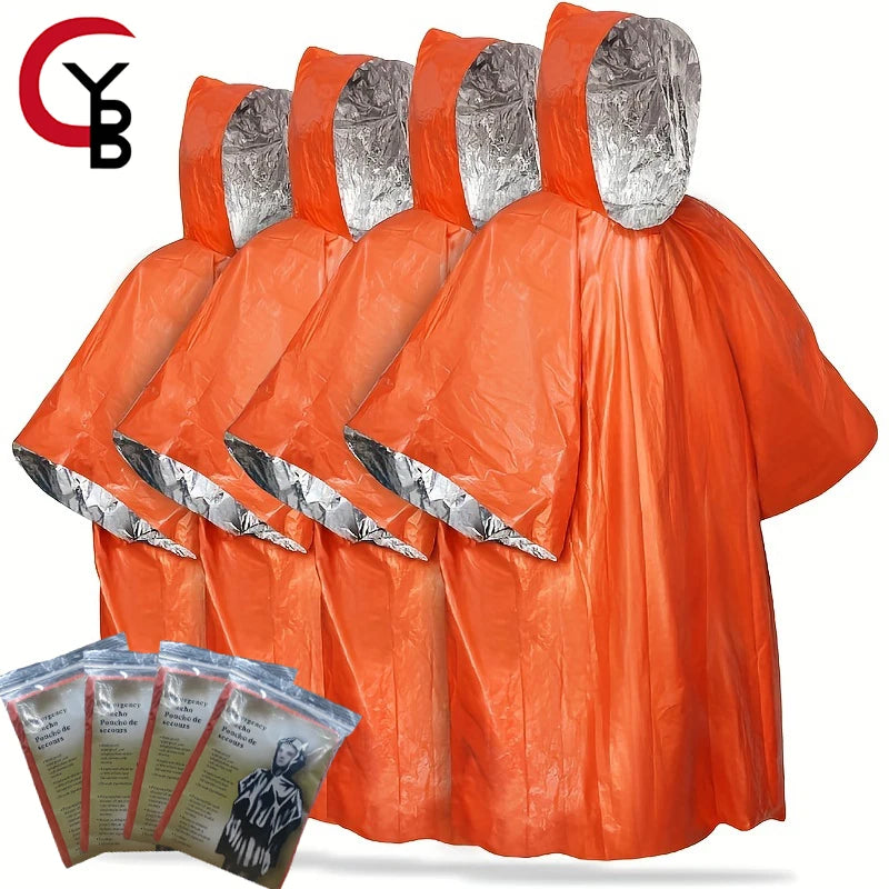 Thermal emergency rain ponchos, water-resistant, lightweight four-pack for camping and survival kits.