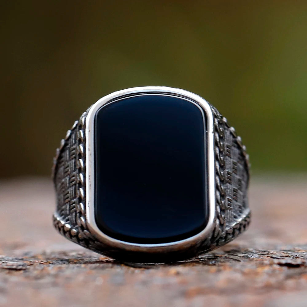 Vintage punk stainless steel rectangular men's ring, black zircon totem luxury statement.