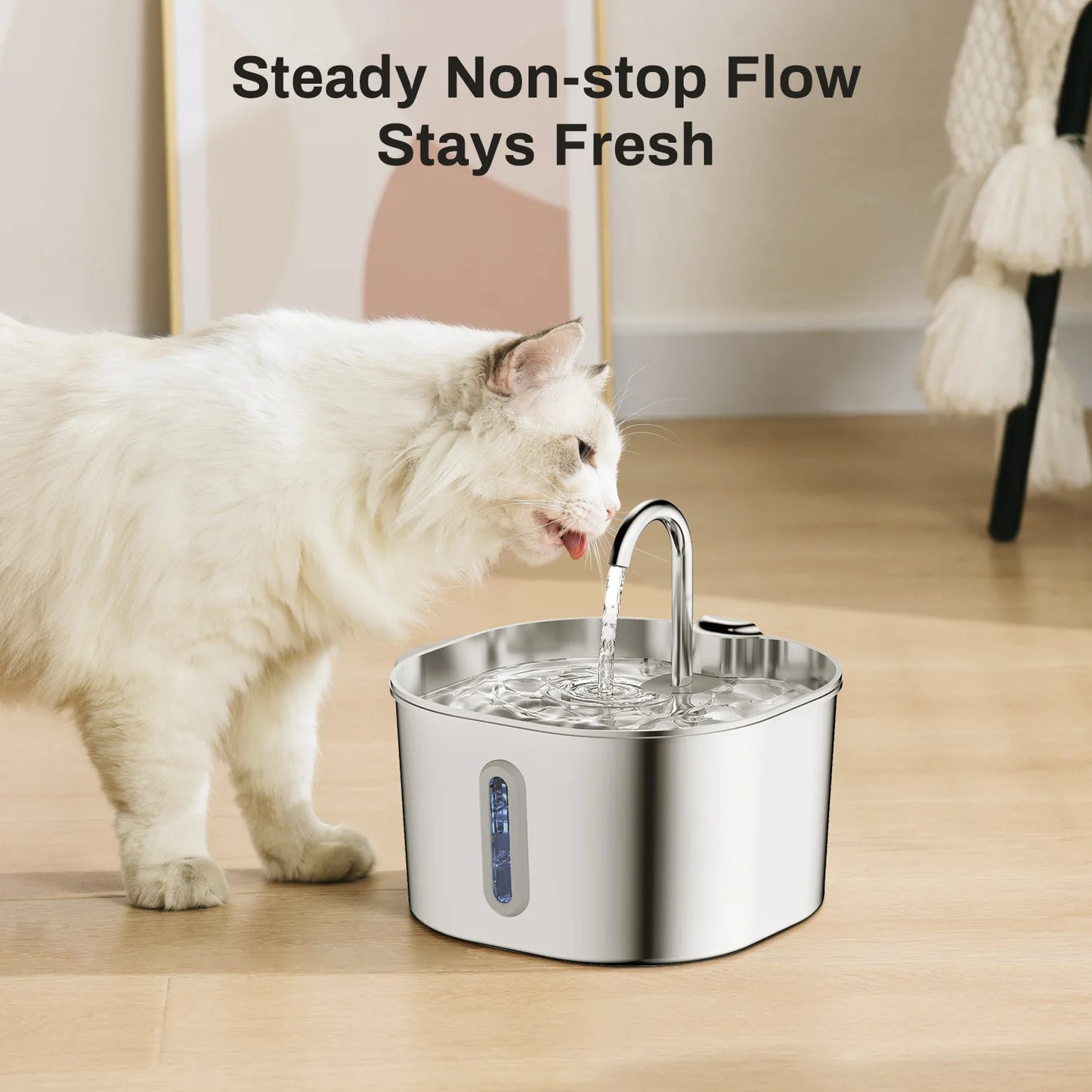 Automatic stainless steel fountain keeps pets hydrated with fresh flowing water.