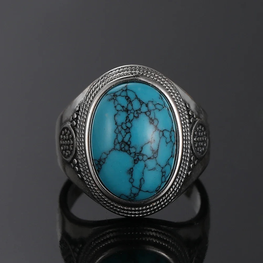 Natural oval turquoise ring, vintage silver luxury style, perfect anniversary party gift.