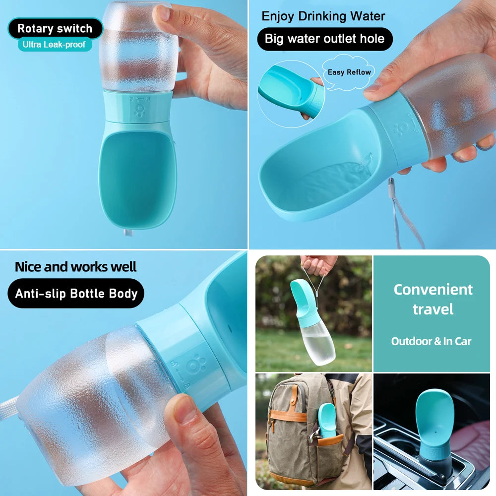 Portable water bottle keeps pets hydrated during travel adventures.