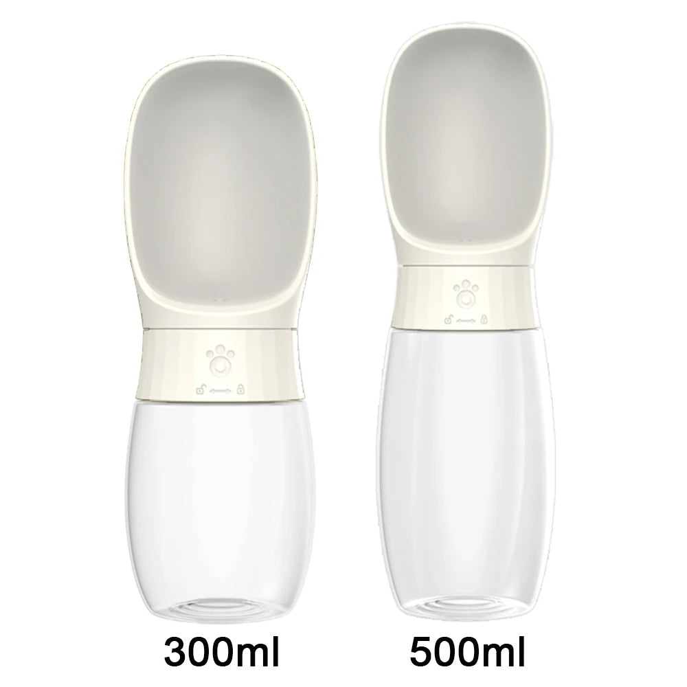 Portable water bottle keeps pets hydrated during travel adventures.