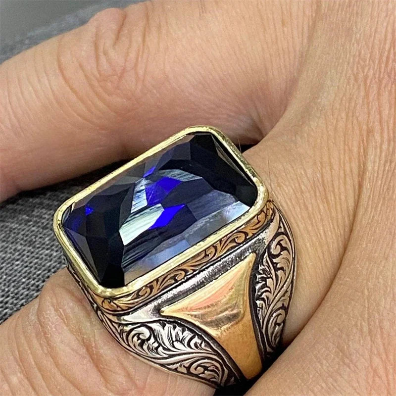 Delicate square geometric men's ring, gold-silver tones, blue stone, ideal party gift.