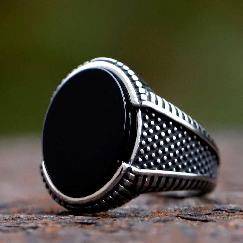 Retro geometric men's ring, black zircon stone, luxury wedding anniversary statement piece.