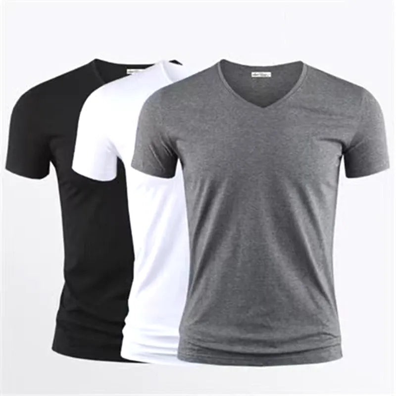 2024 Men's T Shirt Pure Color V Collar Short Sleeved.