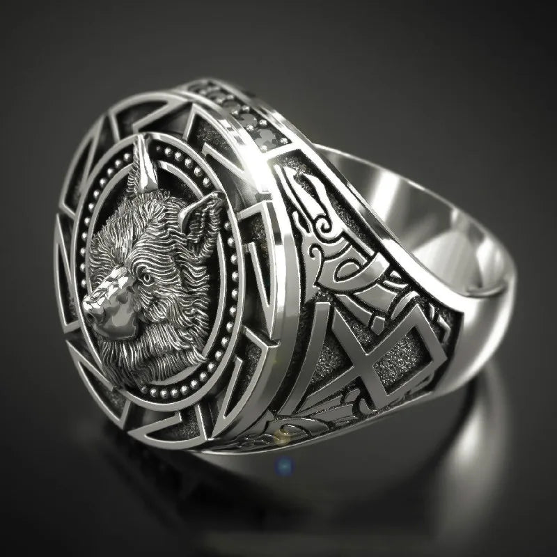 Vintage Viking wolf totem ring, Nordic warrior style, bold domineering men's jewelry.