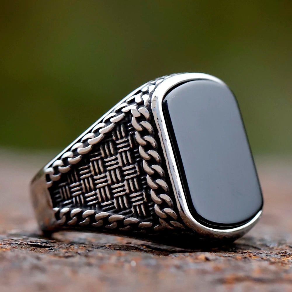 Vintage punk stainless steel rectangular men's ring, black zircon totem luxury statement.