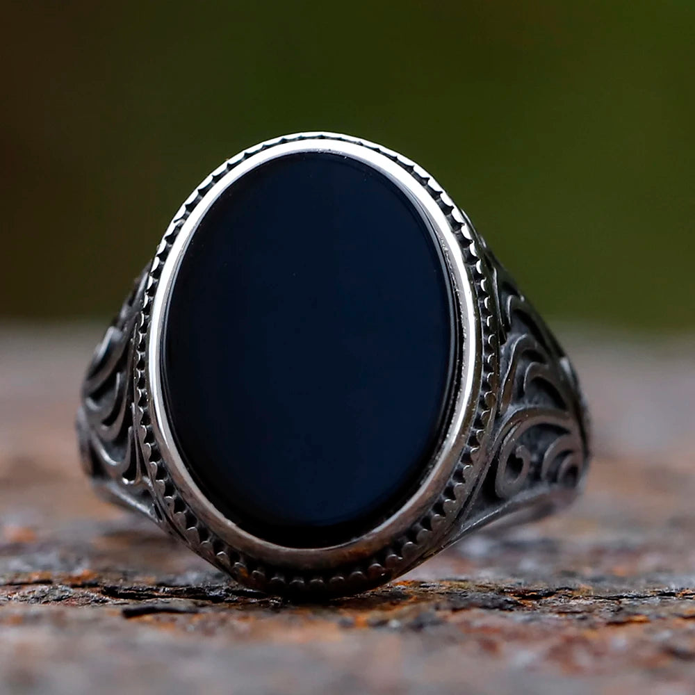Retro Turkish geometric men's ring, black zircon stone, luxury anniversary jewelry.
