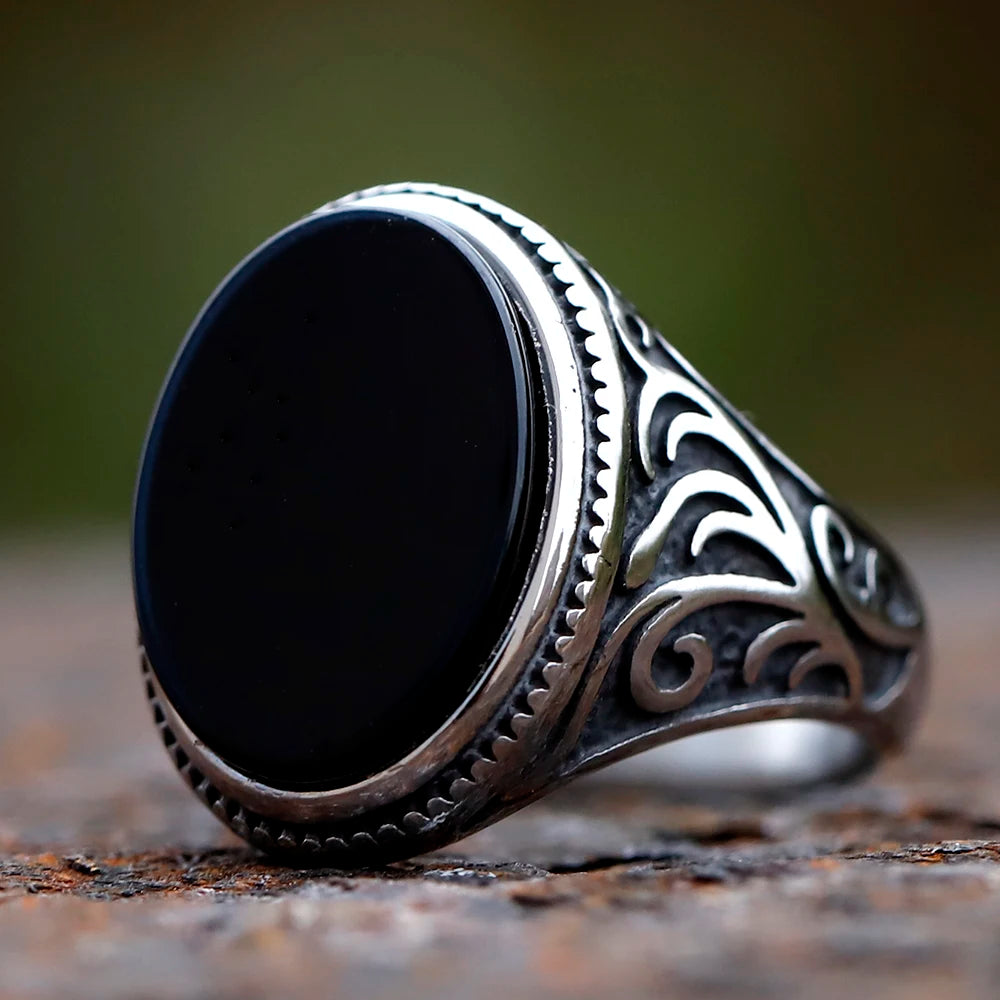 Retro Turkish geometric men's ring, black zircon stone, luxury anniversary jewelry.