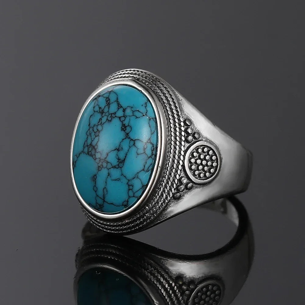 Natural oval turquoise ring, vintage silver luxury style, perfect anniversary party gift.