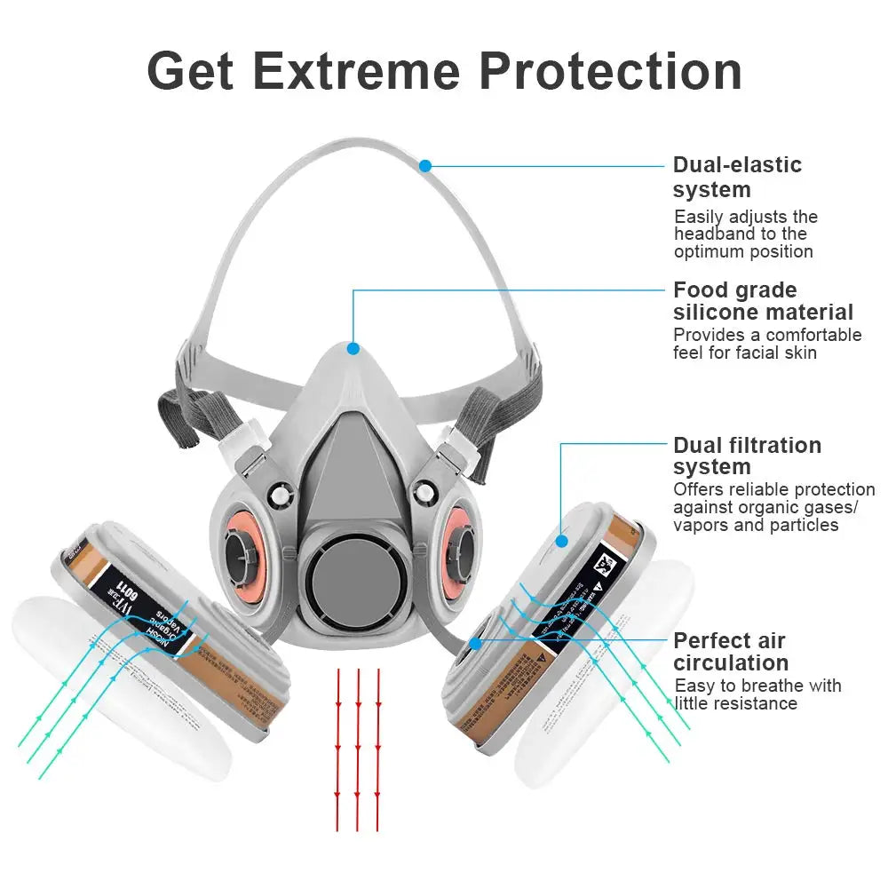 Half-face gas mask with goggles and filters for painting, welding, multi-purpose protection.