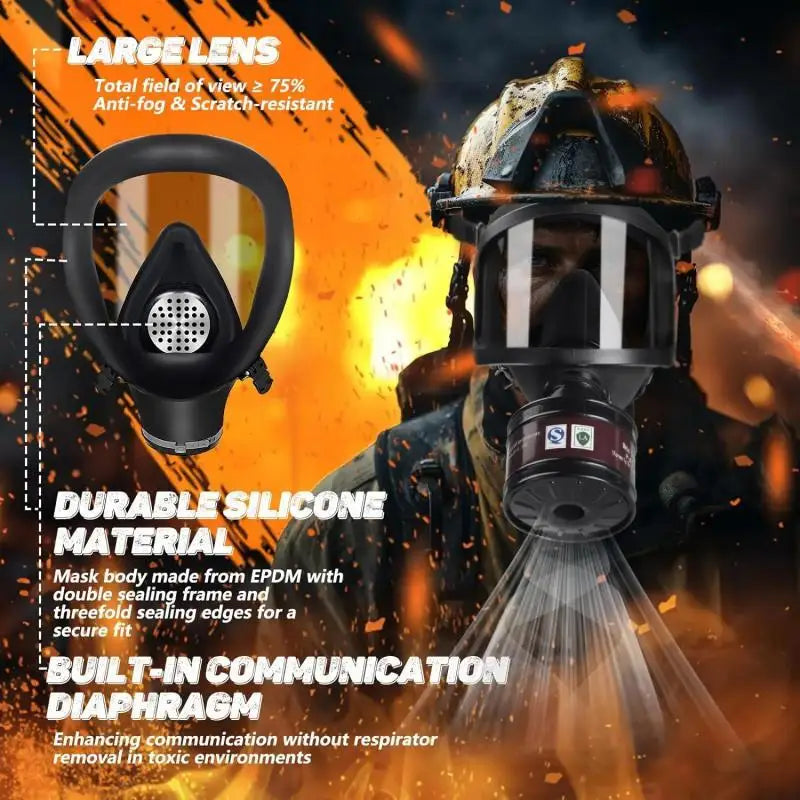 Full-face MF14/87 gas mask protects against chemical, biological, radioactive hazards.