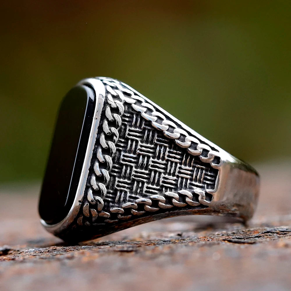 Vintage punk stainless steel rectangular men's ring, black zircon totem luxury statement.