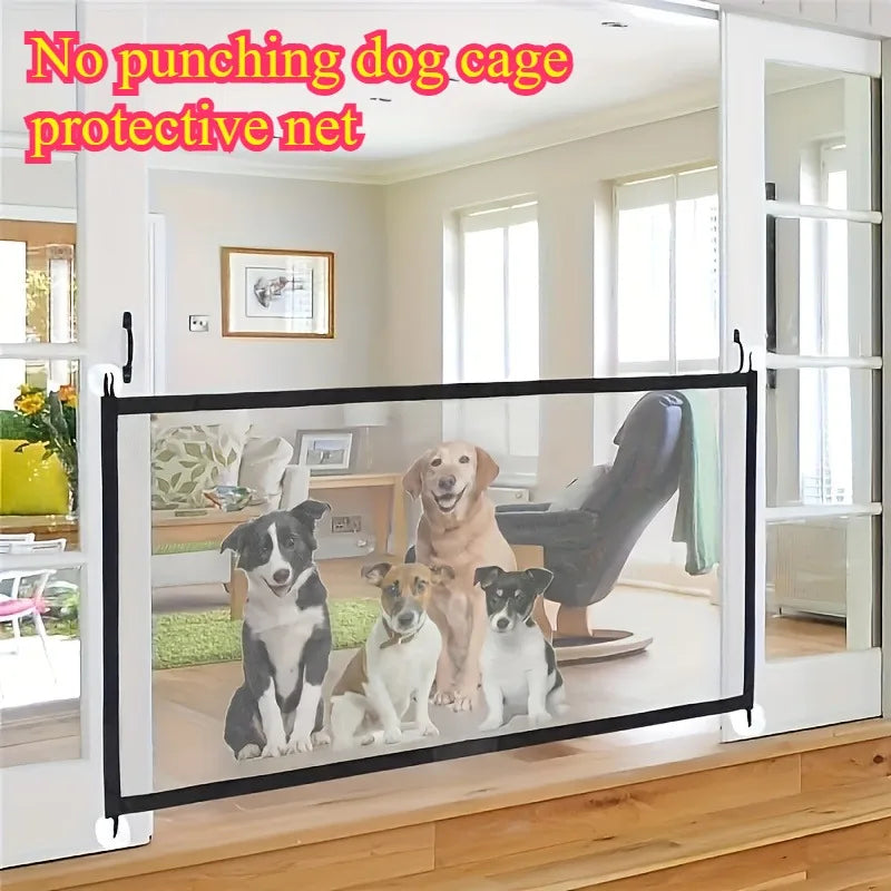 Adjustable retractable pet fence safely separates and protects pets indoors.