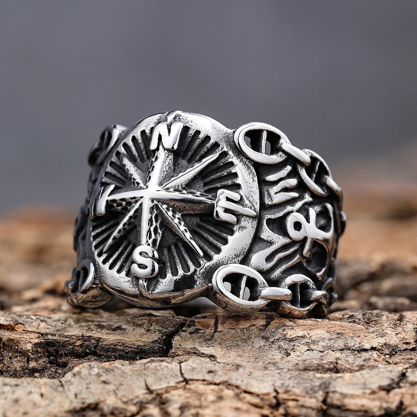 Retro compass ring, punk gothic style, adjustable open band, biker unisex gift.