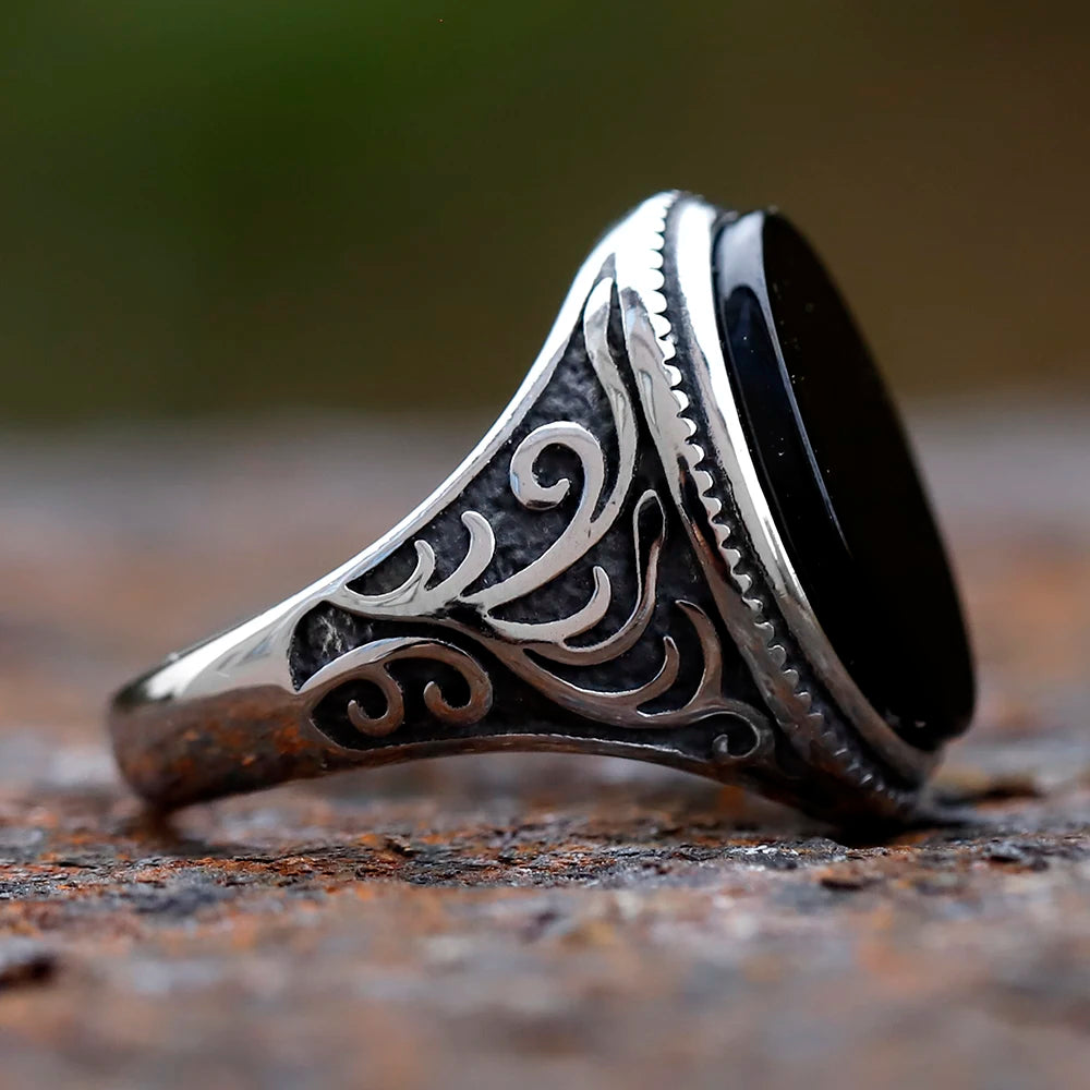 Retro Turkish geometric men's ring, black zircon stone, luxury anniversary jewelry.