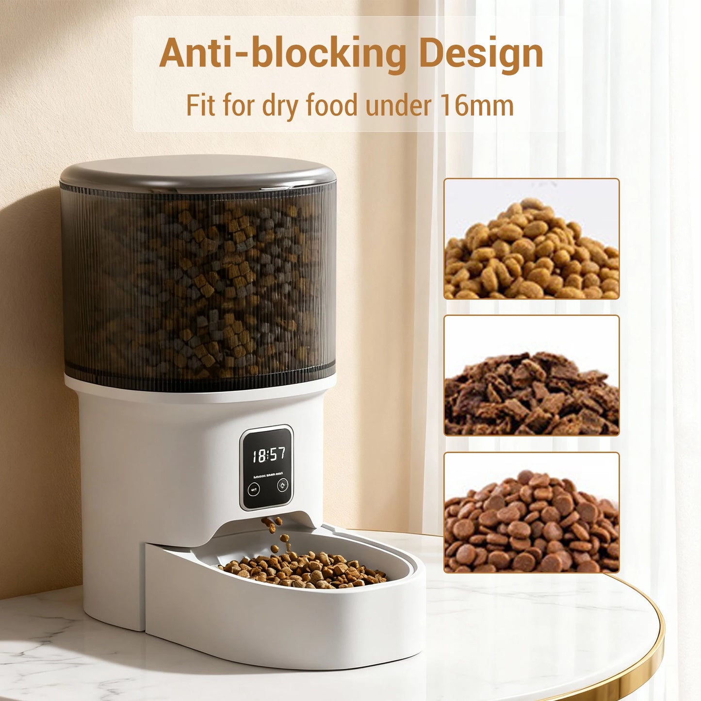 Programmable automatic feeder schedules meals with precise portions for pets.