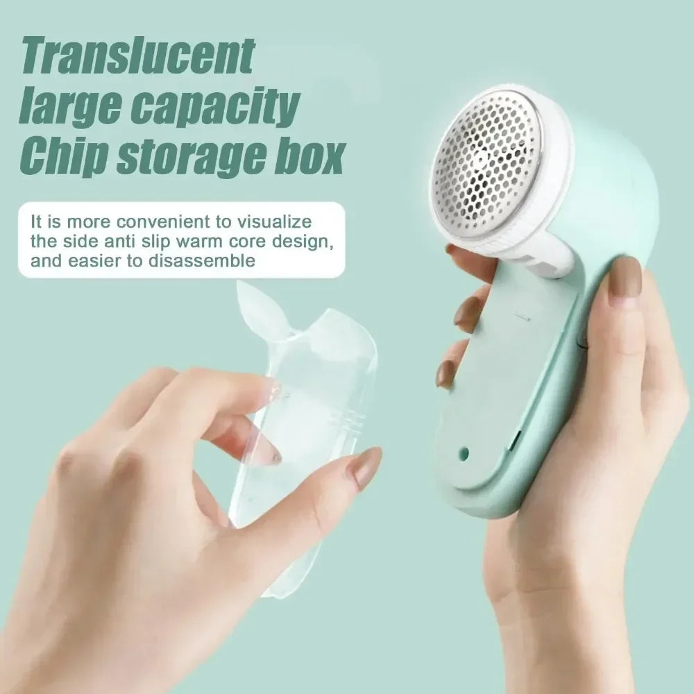Electric lint remover effortlessly removes pet hair from clothes and fabrics.
