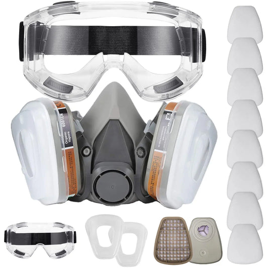 Half-face gas mask with goggles and filters for painting, welding, multi-purpose protection.