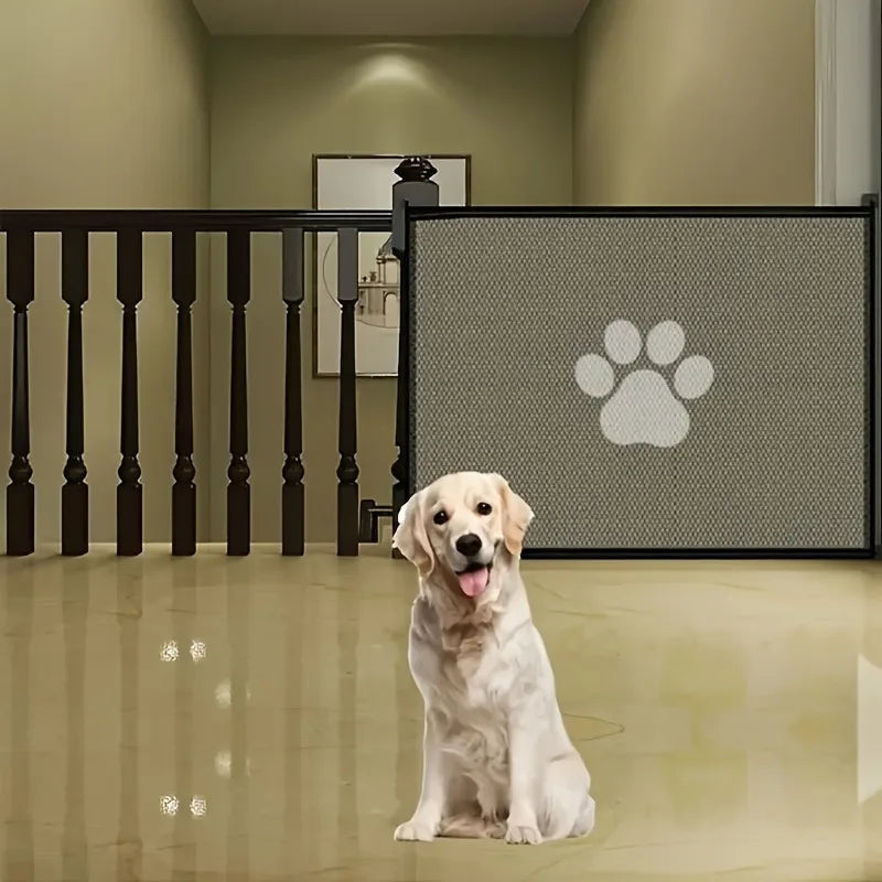 Adjustable retractable pet fence safely separates and protects pets indoors.