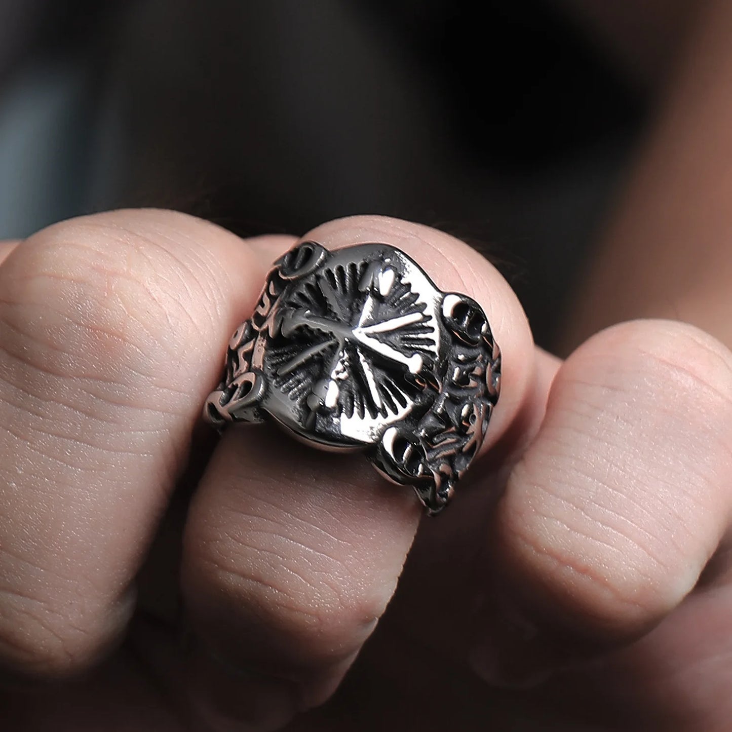 Retro compass ring, punk gothic style, adjustable open band, biker unisex gift.