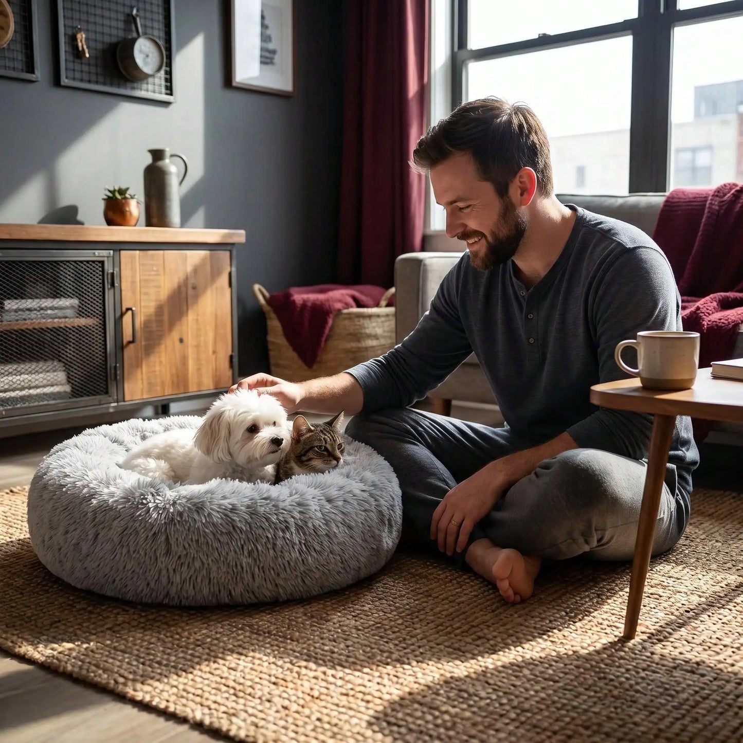 Soft calming donut bed reduces anxiety and provides cozy comfort.
