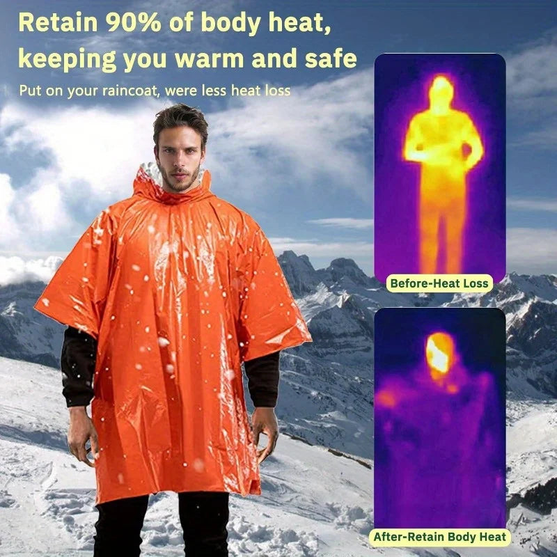 Thermal emergency rain ponchos, water-resistant, lightweight four-pack for camping and survival kits.