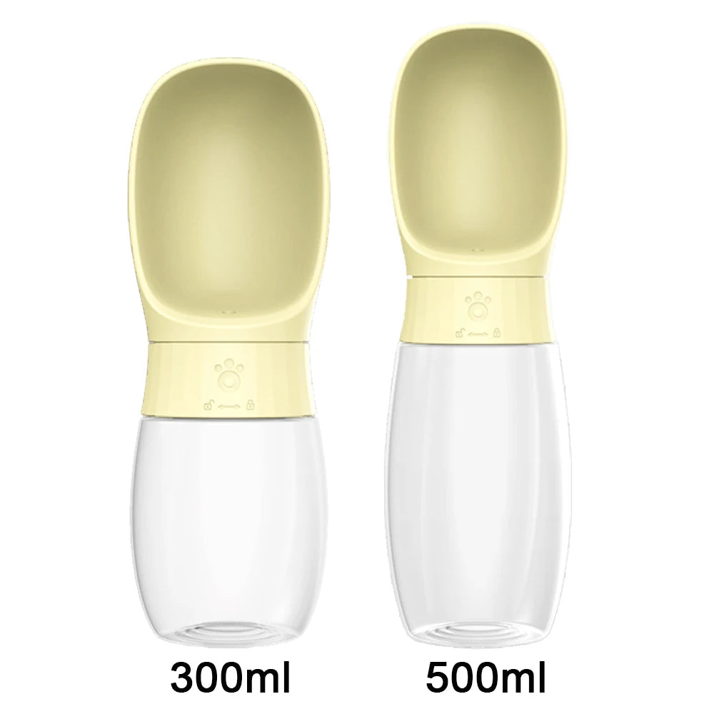 Portable water bottle keeps pets hydrated during travel adventures.