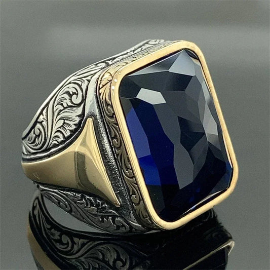 Delicate square geometric men's ring, gold-silver tones, blue stone, ideal party gift.