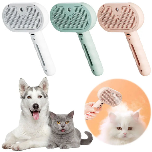 3-in-1 steam grooming brush removes fur while gently massaging pets.