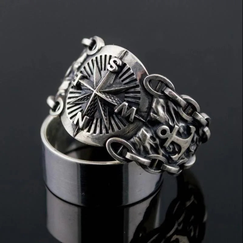 Retro compass ring, punk gothic style, adjustable open band, biker unisex gift.