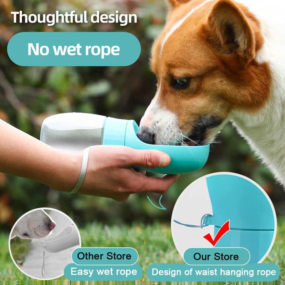 Portable water bottle keeps pets hydrated during travel adventures.