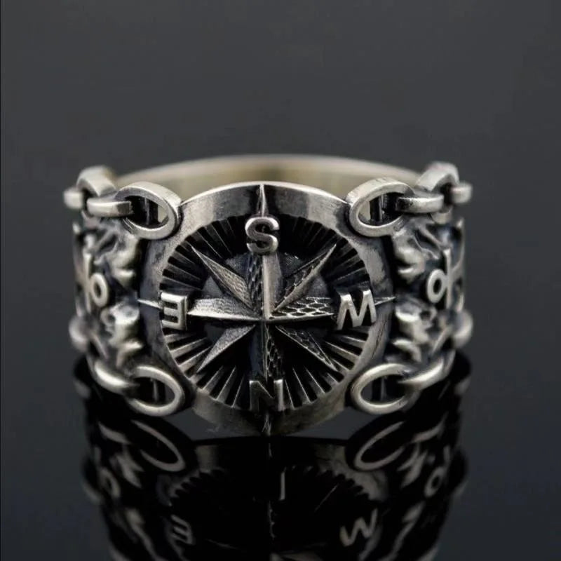 Retro compass ring, punk gothic style, adjustable open band, biker unisex gift.