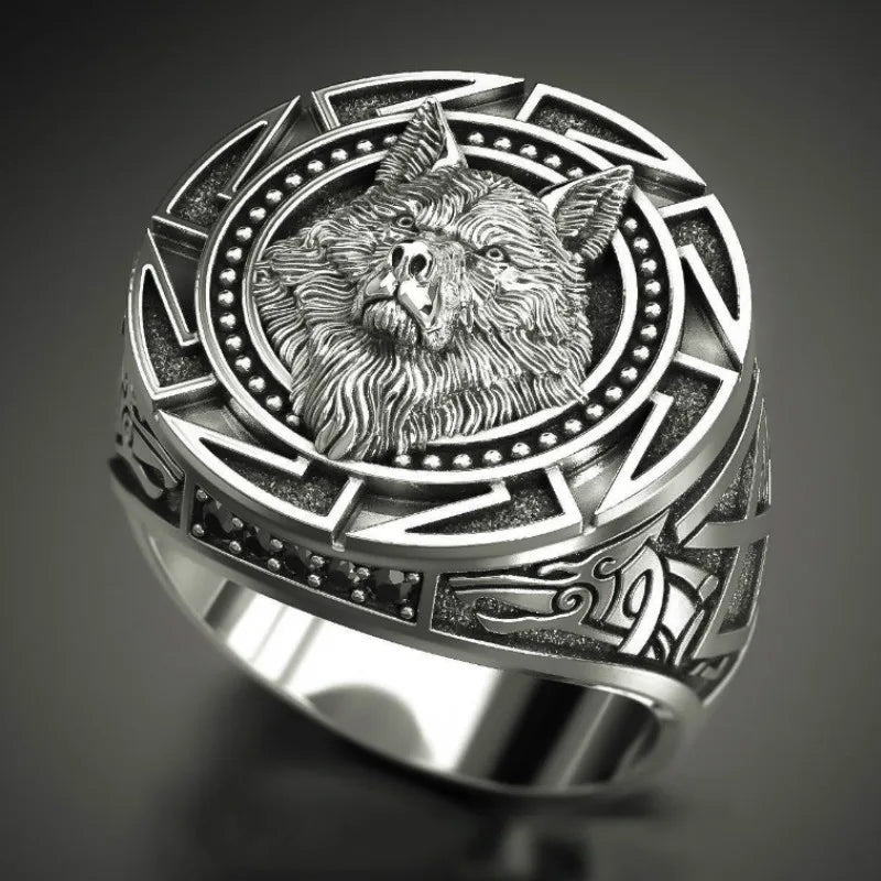 Vintage Viking wolf totem ring, Nordic warrior style, bold domineering men's jewelry.