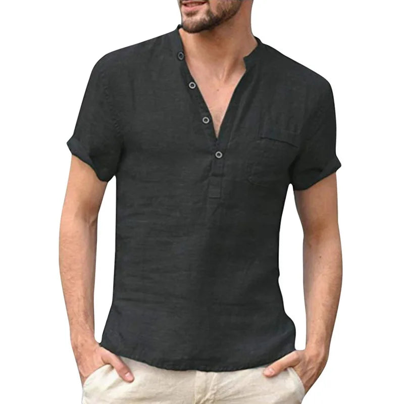 High Quality New Men'S Linen V Neck Bandage T Shirts Male