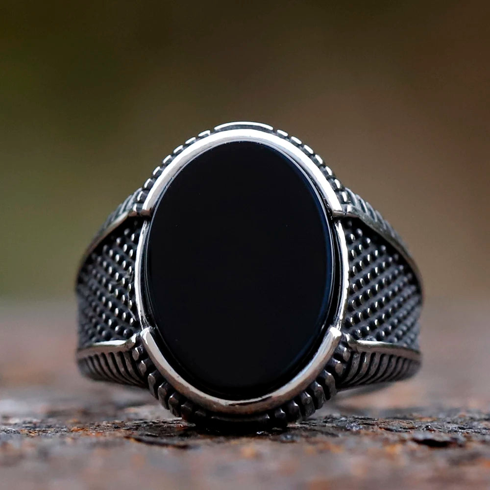 Retro geometric men's ring, black zircon stone, luxury wedding anniversary statement piece.