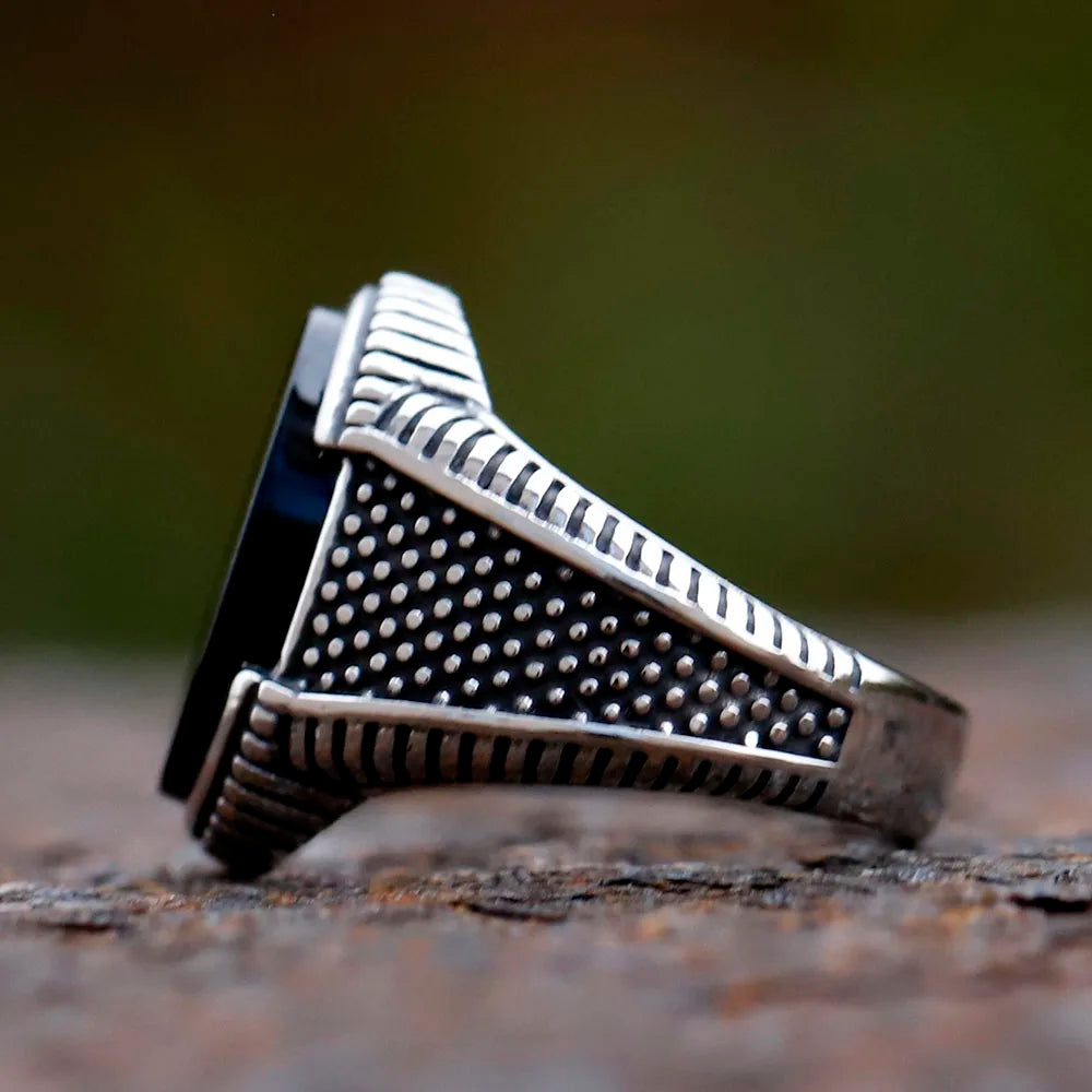 Retro geometric men's ring, black zircon stone, luxury wedding anniversary statement piece.