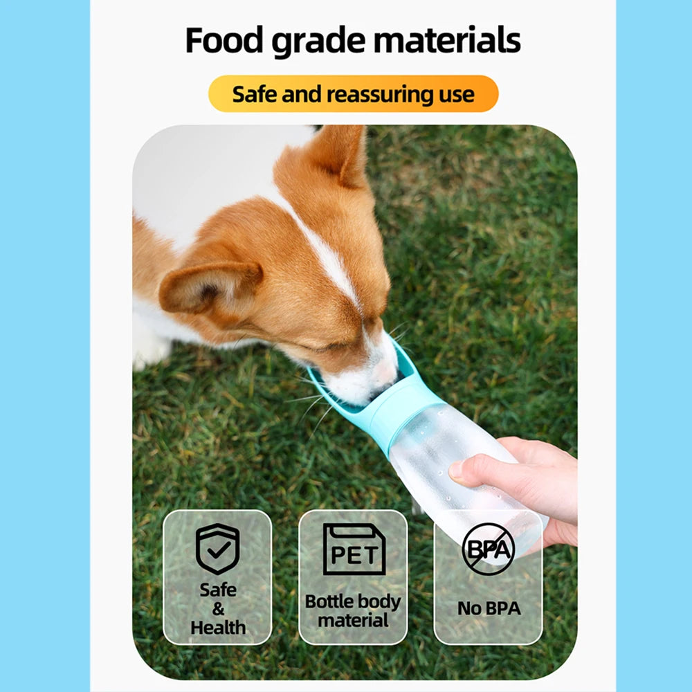 Portable water bottle keeps pets hydrated during travel adventures.
