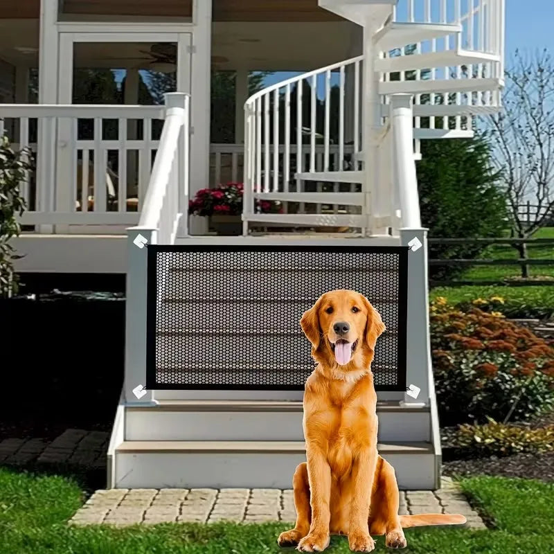 Adjustable retractable pet fence safely separates and protects pets indoors.