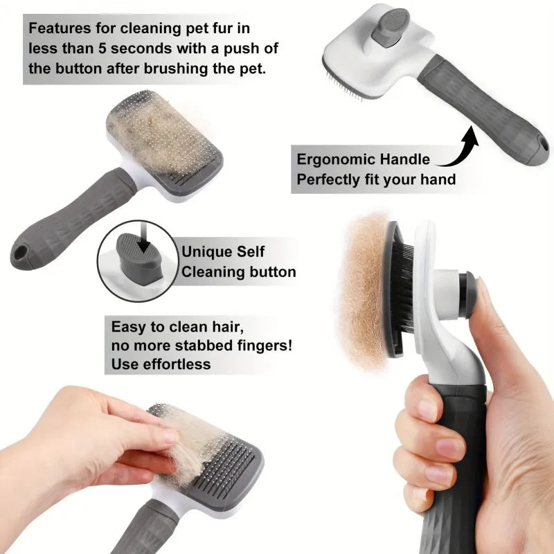 Self-cleaning grooming brush removes loose fur while gently massaging pets.