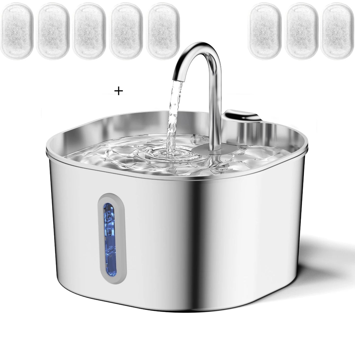 Automatic stainless steel fountain keeps pets hydrated with fresh flowing water.