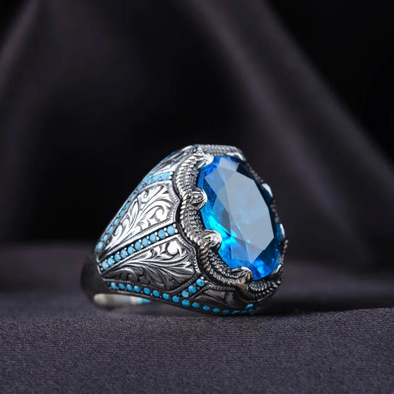 Retro handmade Turkish men's ring with blue zircon, vintage silver punk style.