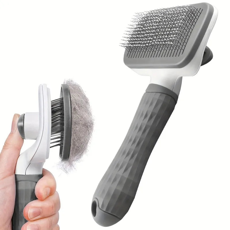 Self-cleaning grooming brush removes loose fur while gently massaging pets.