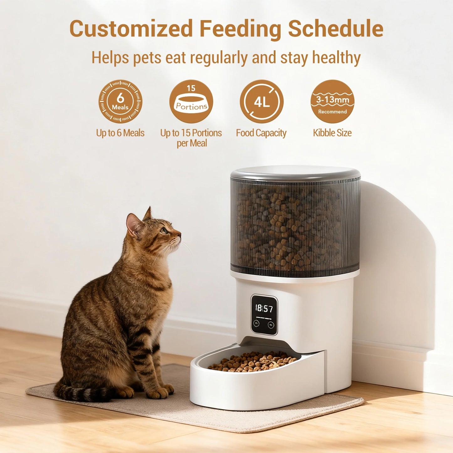 Programmable automatic feeder schedules meals with precise portions for pets.