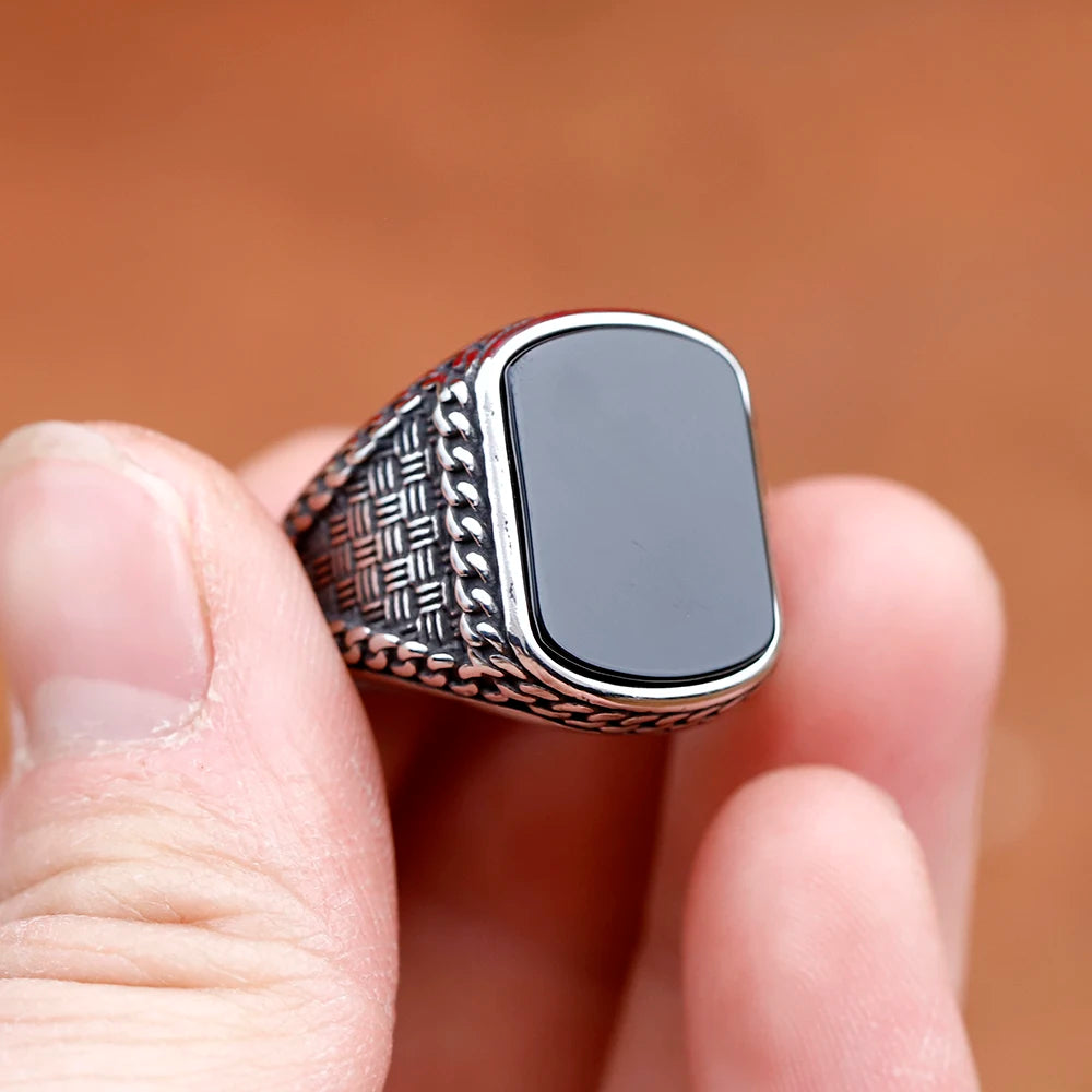 Vintage punk stainless steel rectangular men's ring, black zircon totem luxury statement.
